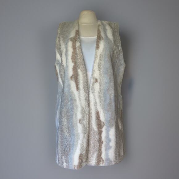 Long Sherpa Faux Fur Lined Open Vest Cardigan Pockets World Market Blue Cream - Picture 2 of 13